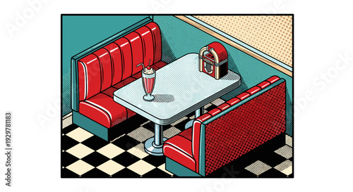 Retro diner booth with milkshake and jukebox in pop art style