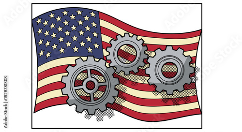 Pop art style american flag with gears: fusion of industry and patriotism