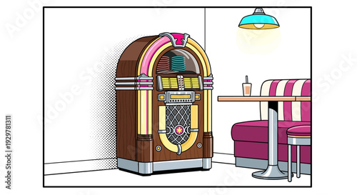 Retro jukebox in colorful diner setting with booth and lamp