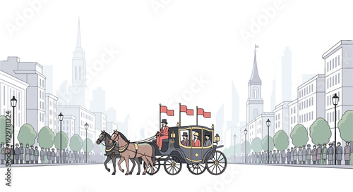 Royal procession in historic city: a flat design of a horse-drawn carriage