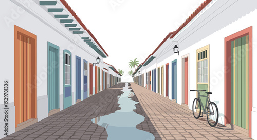 Charming colorful street in brazilian colonial town with palm trees and bicycle
