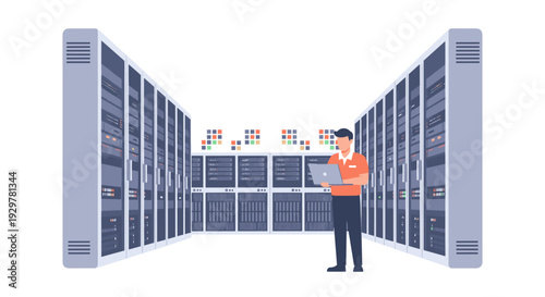 Data center technician working with servers in modern it infrastructure