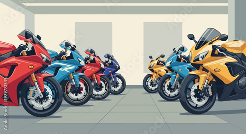 Vibrant lineup of sportbikes in a showroom with a contemporary aesthetic
