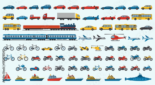 Diverse collection of transport icons in flat style featuring cars, trains, planes, and more