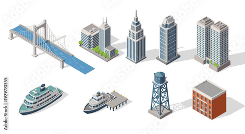 Isometric cityscape: modern buildings, bridge, and boats set