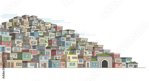 Colorful urban hillside landscape with diverse housing architecture