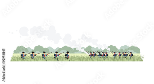 Historical battle scene depicting soldiers in uniforms with muskets in open field