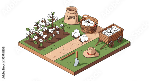 Isometric cotton farm scene with tools and harvested crop
