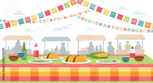 Vibrant outdoor fiesta with colorful banners and delicious food stalls
