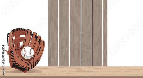 Baseball glove with ball on wooden shelf with plank background