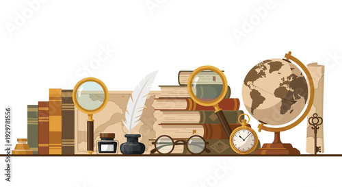 Vintage study desk with books, globe, and magnifying glasses