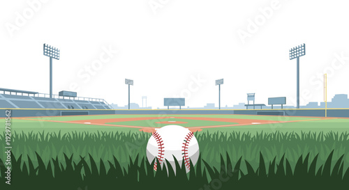 Baseball field with ball in foreground and empty stadium seating under clear sky