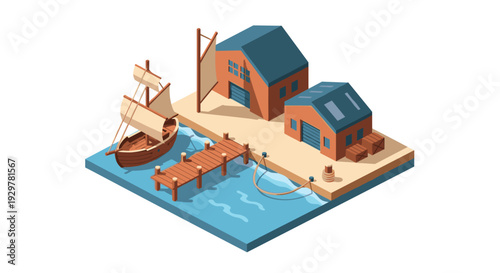 Isometric coastal harbor scene with wooden dock and sailing boat at sunny warehouse port