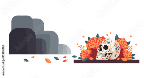Day of the dead celebration with skull and marigolds in vibrant floral arrangement