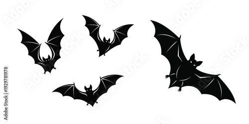 Four black bat silhouettes flying in different directions