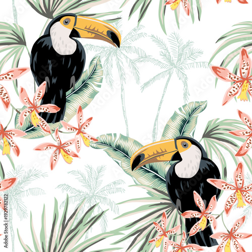Tropical toucans, orchid flowers, palm leaves, trees silhouettes, white background. Seamless pattern. Vector illustration. Exotic plants, birds. Summer beach design. Paradise nature