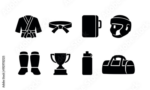 Karate equipment: karate gi, black belt, punching pad, head guard, shin guard, trophy cup, water bottle, sports bag