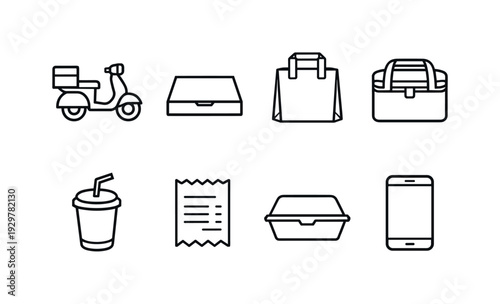 Food delivery items: delivery scooter, pizza box, paper bag, thermal bag, drink cup, receipt, takeaway container, smartphone