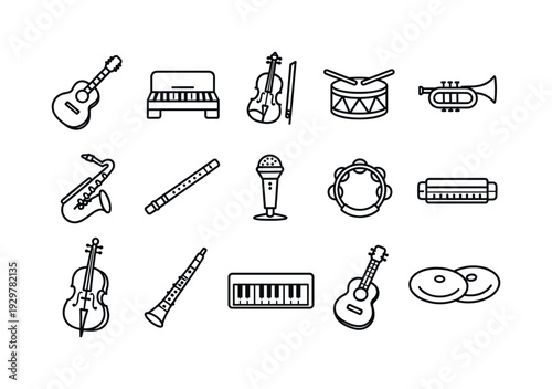 Music instruments collection: guitar, piano, violin, drum, trumpet, saxophone, flute, microphone, tambourine, harmonica, cello, clarinet, keyboard
