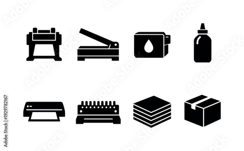 Printing shop equipment: printing press, paper cutter, ink cartridge, toner bottle, laminator, binding machine, paper stack, delivery box
