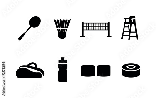 Badminton equipment: badminton racket, shuttlecock, net, umpire chair, sports bag, water bottle, wristband, grip tape
