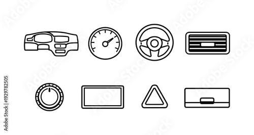 Car dashboard parts: dashboard panel, speedometer, steering wheel, air vent, control knob, infotainment screen, hazard button, glove compartment