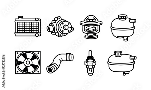Car cooling system parts: radiator, water pump, thermostat valve, coolant reservoir, cooling fan, radiator hose, temperature sensor, expansion tank