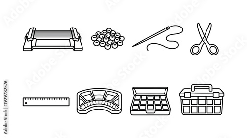 Bead loom crafting tools: bead loom, seed beads, beading needle, beading thread, scissors, ruler, bead tray, storage box