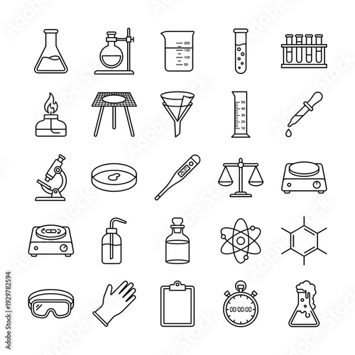 Laboratory equipment and glassware icons arranged in grid