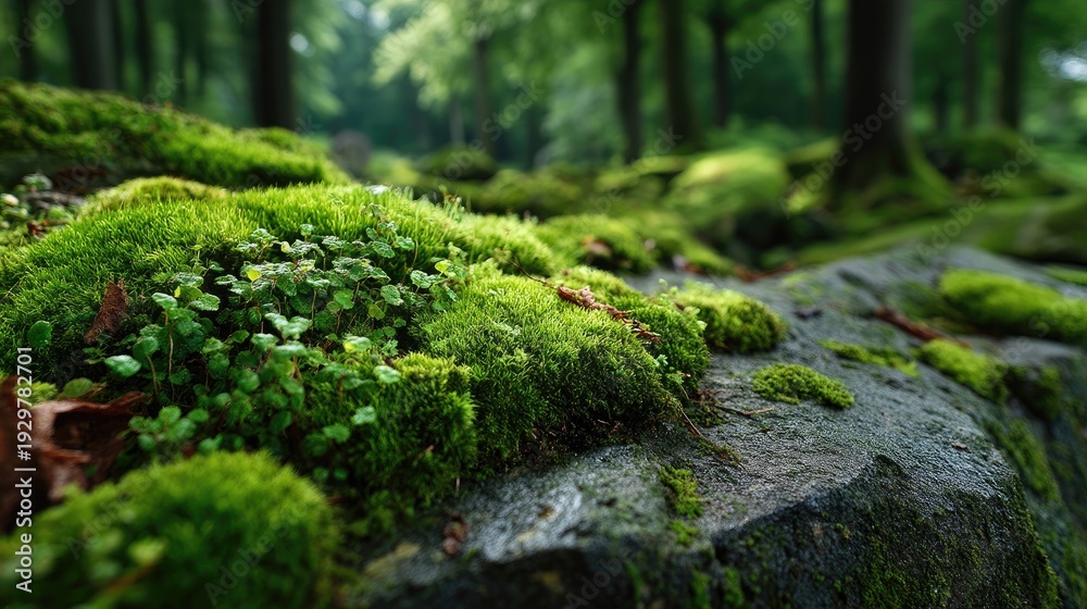 Obraz premium Green moss on stone, forest nature texture, soft plant surface, damp environment, eco background 