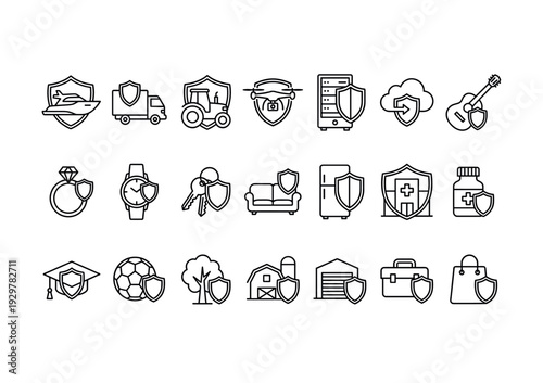 Household and property protection icons in grid on white