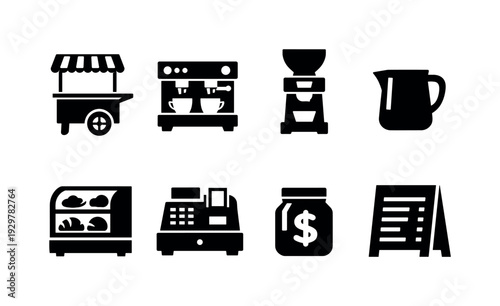 Coffee cart equipment: coffee cart, espresso machine, coffee grinder, milk pitcher, pastry case, cash register, tip jar, menu board