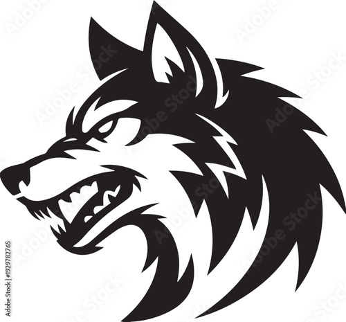Aggressive wolf head silhouette logo vector, fierce wild animal mascot emblem design in black tribal style isolated on white background