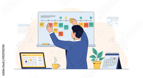 Man Arranging Sticky Notes on a Kanban Board for Project Planning and Scheduling