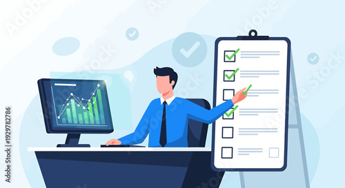 Man checking off tasks on a checklist next to a computer showing financial charts.