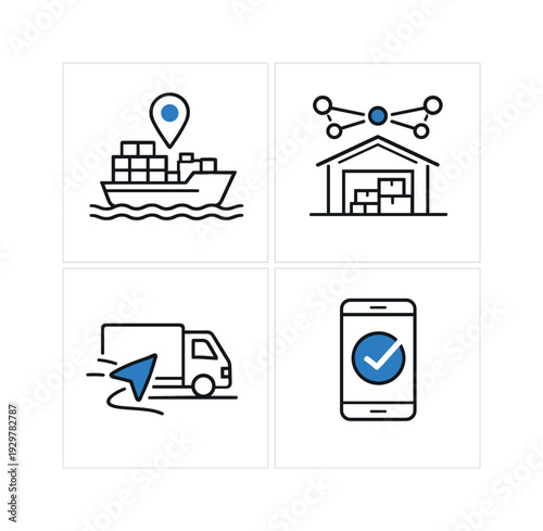 Digital supply chain transparency and real-time tracking in global commerce networks, illustrating shipment visibility, inventory synchronization