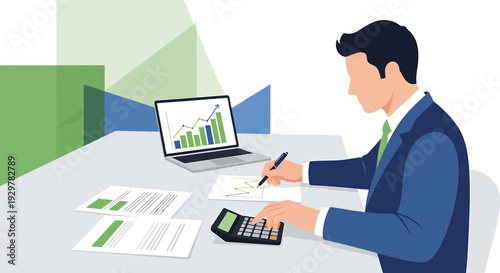Man Calculating Financial Data with Laptop and Charts
