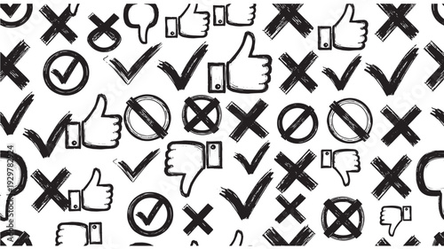 Hand-drawn seamless pattern of checkmarks, crosses, thumbs up, and thumbs down. Ideal for illustrating concepts of feedback, choices, agreement, and disagreement