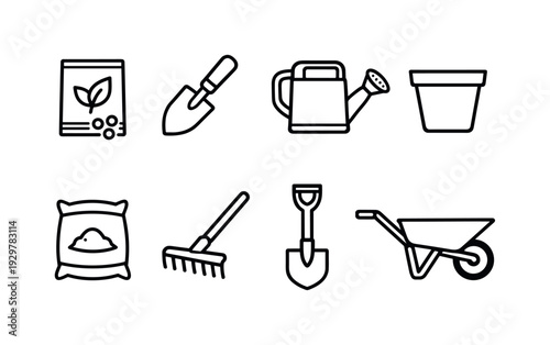 Garden planting supplies: seed packet, garden trowel, watering can, flower pot, soil bag, rake, shovel, wheelbarrow