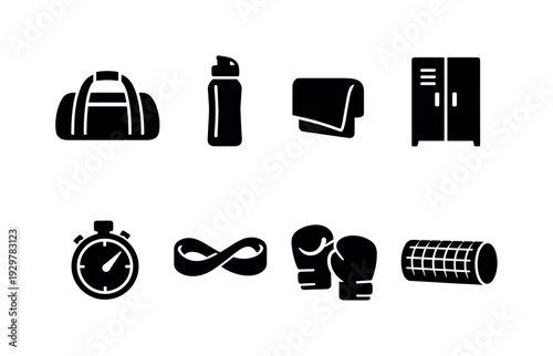 Gym accessories: gym bag, water bottle, towel, locker, stopwatch, resistance band, boxing gloves, foam roller