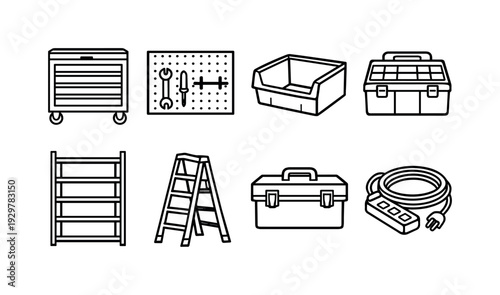 Home tool storage items: tool chest, pegboard, storage bin, plastic organizer, shelf rack, ladder, toolbox, extension cord