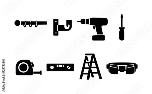 Home curtain installation tools: curtain rod, wall bracket, power drill, screwdriver, measuring tape, level, step ladder, tool belt