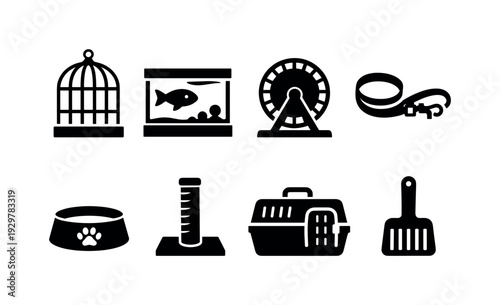 Pet shop supplies: bird cage, fish tank, hamster wheel, dog leash, pet bowl, scratching post, pet carrier, litter scoop