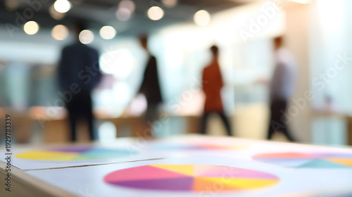 Wallpaper Mural Blurred office scene with colorful pie charts in foreground, soft focus on busy professionals, vibrant data visualization, bright corporate environment Torontodigital.ca
