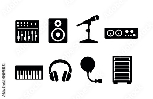 Music studio equipment: mixing console, studio monitor, microphone stand, audio interface, midi keyboard, headphones, pop filter, studio rack