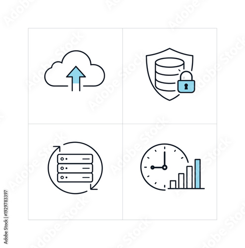 Digital asset backup and disaster recovery strategy in enterprise IT infrastructure, illustrating data backup scheduling, secure cloud storage, system