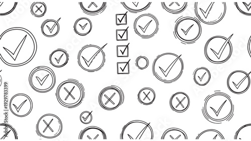 Engaging hand-drawn pattern featuring diverse checkmarks, crosses, and task completion boxes, symbolizing critical evaluation, successful outcomes, important decisions, and approval processes