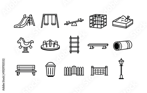 Outdoor playground equipment: slide, swing, seesaw, climbing frame, sandbox, spring rider, merry go round, rope ladder, balance beam, tunnel, park