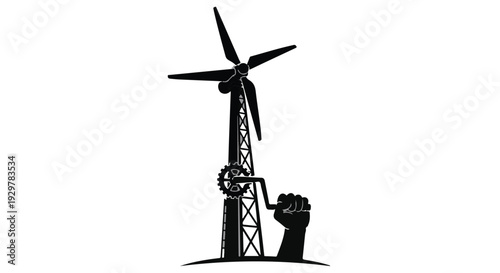 black silhouette of wind turbine and fist
