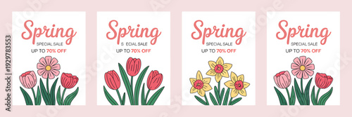 Spring special sale banners with colorful flowers and discounts